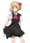  1girl ascot bangs black_dress blonde_hair breasts closed_mouth commentary_request contrapposto dress eyebrows_behind_hair feet_out_of_frame fingernails hair_ribbon highres holding holding_clothes holding_skirt light_blush looking_at_viewer makita_(vector1525) puffy_short_sleeves puffy_sleeves red_eyes red_neckwear red_ribbon ribbon rumia short_hair short_sleeves signature simple_background skirt small_breasts smile solo standing touhou white_background wing_collar 