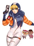  3girls apex_legends b3_wingman bangalore_(apex_legends) bangs black_hair blonde_hair blue_bodysuit blue_headwear bodysuit breasts chibi crossed_legs dark_skin dark-skinned_female double_bun eyebrows_visible_through_hair gun headband holding holding_gun holding_weapon hood hooded_jacket jacket leaning_to_the_side lifeline_(apex_legends) looking_ahead medium_breasts multiple_girls orange_jacket pink_hair revolver scar scar_on_cheek scar_on_face solo_focus trembling usaginu v-shaped_eyebrows wattson_(apex_legends) weapon white_headband 