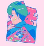  1boy absurdres bag bandaid bandaid_on_face blue_jacket denjinq from_behind green_hair highres holding holding_bag jacket original pink_background profile short_hair solo upper_body 