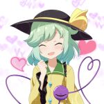  1girl :d ^_^ black_headwear cato_(monocatienus) clenched_hand closed_eyes commentary_request eyebrows_visible_through_hair facing_viewer frilled_shirt_collar frilled_sleeves frills green_hair hat hat_ribbon heart heart_of_string highres komeiji_koishi long_sleeves medium_hair open_mouth ribbon shirt simple_background smile solo third_eye touhou upper_body white_background wide_sleeves yellow_ribbon yellow_shirt 