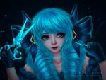  1girl artist_name asinjuasflora bare_shoulders black_background blue_eyes blue_gloves blue_hair blue_theme closed_mouth gloves green_eyes gwen_(league_of_legends) heterochromia holding holding_needle holding_scissors league_of_legends long_hair needle red_lips scissors solo stitches string twintails upper_body 