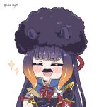  :d ^_^ afro armor bangs black_hair blunt_bangs blush_stickers closed_eyes commentary crossed_arms english_commentary eyebrows_visible_through_hair facial_hair gradient_hair highres hime_cut hololive hololive_english kamura_(armor) kukie-nyan long_hair monster_hunter_(series) monster_hunter_rise multicolored_hair mustache ninomae_ina&#039;nis open_mouth orange_hair purple_hair sidelocks simple_background smile sparkle tentacle_hair twitter_username upper_body virtual_youtuber white_background 