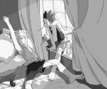  2boys bangs barefoot bed book bottle gon_freecss greyscale highres hunter_x_hunter killua_zoldyck lying male_focus monochrome morning mouth_hold multiple_boys one_eye_closed pillow shorts sitting spiky_hair stretch tank_top tears toripippi_7 towel towel_around_neck waking_up water_bottle window 