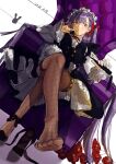  1girl absurdres apron bb_(fate) bb_(fate)_(all) black_dress chair crossed_legs dress fate/grand_order fate_(series) fishnet_legwear fishnets high_heels highres holding holding_whip long_hair looking_at_viewer maid maid_apron purple_hair ribbon simple_background sitting solo violet_eyes whip white_background yolanda 