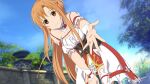  1girl arm_strap asuna_(sao) bangs bent_over blue_sky blurry blurry_background braid breasts brown_eyes brown_hair closed_mouth collarbone day detached_collar facing_viewer floating_hair french_braid from_below game_cg hair_between_eyes hand_on_lap highres layered_skirt long_hair looking_at_viewer medium_breasts miniskirt open_mouth outdoors pov reaching_out shiny shiny_hair skirt sky smile solo sword_art_online sword_art_online:_hollow_realization underbust very_long_hair white_skirt 