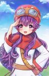  1girl bangs belt blue_sky blush clouds cloudy_sky curly_hair dragon_quest dragon_quest_ii eyebrows_visible_through_hair goggles goggles_on_head hand_on_hip happy hat highres long_hair moon_setuna open_mouth outdoors princess_of_moonbrook purple_hair salute sky solo strap violet_eyes white_robe 