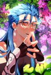  1boy bespectacled black_gloves blue_hair bracelet cu_chulainn_(caster)_(fate) cu_chulainn_(fate)_(all) dol_ishi earrings elbow_gloves fate/grand_order fate_(series) fingerless_gloves fingers_together flower glasses gloves highres jewelry korean_commentary long_hair looking_at_viewer male_focus multiple_piercings one_eye_closed open_mouth red_eyes smile solo spiky_hair tank_top vambraces 