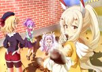  &gt;_&lt; 4girls animal_ears ass ayanami_(azur_lane) azur_lane black_footwear blonde_hair blue_sweater brick_wall casual clothing_cutout eating eyebrows_visible_through_hair fake_animal_ears fire food fur-trimmed_jacket fur_trim headgear high_ponytail highres holding holding_food jacket javelin_(azur_lane) laffey_(azur_lane) looking_at_viewer manjuu_(azur_lane) medium_hair multiple_girls pink_hair pink_scarf pink_skirt ponytail purple_hair purple_headwear purple_jacket purple_skirt rabbit_ears red_eyes red_shorts scarf shiruppo shorts shoulder_cutout skirt sweater sweet_potato twintails yakiimo z23_(azur_lane) 