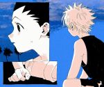  2boys clouds gon_freecss greyscale highres hunter_x_hunter killua_zoldyck male_focus monochrome multiple_boys open_mouth outdoors parted_lips shorts sitting sky spiky_hair sweat tank_top toripippi_7 tree 