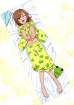  1girl absurdres animal_print bangs barefoot brown_eyes brown_hair collarbone collared_shirt dakimakura_(medium) dress_shirt eyebrows_visible_through_hair frog_print full_body hair_between_eyes highres looking_at_viewer looking_up lying midriff misaka_mikoto navel official_art on_back one_eye_closed open_mouth page_number pants print_pants print_shirt shiny shiny_hair shiny_skin shirt short_hair short_sleeves solo stomach tears thigh_gap toaru_majutsu_no_index wing_collar yellow_pants yellow_shirt 