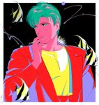  1boy aqua_hair bangs black_background cigarette denjinq fish highres jacket male_focus moorish_idol original pants red_jacket red_pants shirt shirt_tucked_in short_hair smoking solo upper_body yellow_shirt 