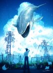  1boy arm_up black_pants blue_sky clouds cloudy_sky fence floating from_behind highres hipy_(image_oubliees) original pants paper plant power_lines shirt short_sleeves signature sky solo standing surreal whale white_shirt wide_shot 