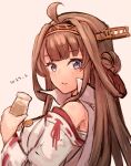  1girl ahoge artist_name beige_background bottle brown_hair chocolate_milk commentary_request detached_sleeves double_bun hairband headgear japanese_clothes kantai_collection kongou_(kancolle) long_hair looking_at_viewer parted_lips popped_collar remodel_(kantai_collection) ribbon-trimmed_sleeves ribbon_trim simple_background solo wss_(nicoseiga19993411) 