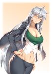  1girl breasts collared_shirt genderswap genderswap_(mtf) hand_on_hip haryudanto high_school_dxd jacket large_breasts long_hair long_sleeves looking_at_viewer navel open_clothes open_jacket shirt silver_hair smile solo vali_lucifer very_long_hair white_shirt yellow_eyes 