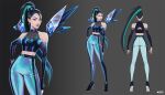  1girl black_hair blonde_hair character_request clothing_request commentary dress earrings english_commentary english_text green_hair grey_background high_heels highres jason_chan jewelry k/da_(league_of_legends) league_of_legends long_hair looking_at_viewer multicolored_hair pants purple_hair simple_background tagme violet_eyes 