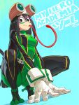  1girl asui_tsuyu black_eyes black_hair blue_background bodysuit boku_no_hero_academia breasts character_name commentary_request copyright_name gloves goggles goggles_on_head gradient gradient_background green_bodysuit long_hair long_tongue looking_at_viewer mask medium_breasts shuichi_wada simple_background solo squatting tongue very_long_tongue white_gloves 