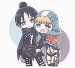  2girls apex_legends bangs black_bodysuit black_scarf blonde_hair blue_eyes blue_gloves blue_headwear bodysuit bright_pupils cfcult7825 gloves hair_bun head_tilt highres hood hooded_jacket jacket looking_at_viewer multiple_girls open_mouth orange_jacket pointing pointing_at_viewer scarf wattson_(apex_legends) white_bodysuit white_pupils wraith_(apex_legends) 