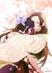  2girls absurdres aya02ka black_hair blush butterfly_hair_ornament closed_eyes closed_mouth gradient_hair hair_intakes hair_ornament haori highres hug japanese_clothes kimetsu_no_yaiba kochou_kanae kochou_shinobu long_hair long_sleeves multicolored_hair multiple_girls purple_hair short_hair siblings sisters smile standing very_long_hair 