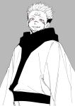  1boy commentary_request facial_mark forehead forehead_mark grey_background greyscale grin happy highres japanese_clothes jujutsu_kaisen kimono long_sleeves looking_at_viewer male_focus monochrome red_eyes ryoumen_sukuna_(jujutsu_kaisen) short_hair simple_background sketch smile solo spot_color standing teeth tenobe upper_body 