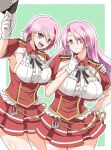  2girls armpits blush breasts closed_mouth cowboy_shot eyebrows_visible_through_hair giuseppe_garibaldi_(kancolle) gloves kantai_collection large_breasts long_hair luigi_di_savoia_duca_degli_abruzzi_(kancolle) multiple_girls open_mouth pink_eyes pink_hair pleated_skirt red_shirt red_skirt shirt short_hair short_sleeves skirt smile suke_(share_koube) white_gloves 