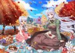  2girls absurdres alternate_costume autumn autumn_leaves azur_lane belfast_(azur_lane) blue_sky book braid bread breasts brown_dress bud_(znehgneh2) bug butterfly butterfly_on_nose clouds cup dress eyebrows_visible_through_hair flower food highres huge_filesize insect juliet_sleeves large_breasts leaf little_bel_(azur_lane) long_hair long_sleeves looking_at_viewer maple_leaf multiple_girls open_book outdoors picnic picnic_basket pink_dress pink_flower puffy_sleeves purple_hair red_flower shirt sky tea teacup teapot tree violet_eyes white_shirt 