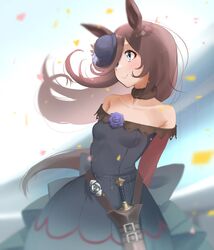  1girl animal_ears bare_shoulders blue_dress blue_flower blue_rose blush brown_hair dagger dress eyebrows_visible_through_hair flower hair_over_one_eye hat hat_flower highres horse_ears horse_girl long_hair long_sleeves multicolored multicolored_background off-shoulder_dress off_shoulder rice_shower_(umamusume) rose solo tama_(seiga46239239) tilted_headwear umamusume violet_eyes weapon 