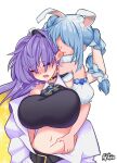  2girls belt biting blonde_hair blue_hair braid breasts closed_eyes eyebrows_visible_through_hair highres hololive hololive_indonesia large_breasts long_hair moona_hoshinova multicolored_hair multiple_girls navel open_mouth pafutora purple_hair rabbit_girl two-tone_hair usada_pekora virtual_youtuber yuri 