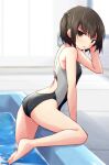  1girl ass black_hair black_swimsuit brown_eyes commentary_request competition_school_swimsuit kakizaki_(chou_neji) kantai_collection looking_at_viewer poolside sendai_(kancolle) solo swimsuit two_side_up 