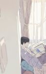  1boy bed black_hair blue_cardigan blurry blurry_foreground book cardigan closed_eyes commentary_request curtains highres indoors male_focus mgm_f5 on_bed open_cardigan open_clothes original pillow profile reading shadow shirt short_hair sitting sitting_on_bed solo white_shirt 