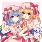  2girls :3 :d absurdres ascot bangs bat_wings blonde_hair blue_hair border bow brooch cowboy_shot crystal eyebrows_visible_through_hair flandre_scarlet hat hat_bow highres hug jewelry looking_at_viewer medium_hair mob_cap multiple_girls open_mouth pink_background pink_headwear pink_shirt pink_skirt puffy_short_sleeves puffy_sleeves red_bow red_eyes red_skirt red_vest remilia_scarlet shirt short_hair short_sleeves side_ponytail simple_background skirt smile standing subaru_(subachoco) touhou vest white_border white_bow wings yellow_neckwear 