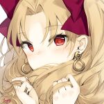  1girl bangs blonde_hair blush bow covered_mouth earrings ereshkigal_(fate) eyebrows_visible_through_hair fate/grand_order fate_(series) hair_bow hands_up infinity jewelry long_hair looking_at_viewer maya_g nose_blush parted_bangs purple_bow red_eyes signature solo twintails white_background 