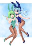  2girls animal_ears blue_eyes blue_footwear blue_hair blue_leotard blue_neckwear bow bowtie brown_legwear bunny_tail cirno commentary_request commission daiyousei detached_collar fairy_wings full_body green_eyes green_footwear green_hair green_leotard green_neckwear high_heels highres ice ice_wings leotard looking_at_viewer multiple_girls nyo pantyhose playboy_bunny rabbit_ears short_hair skeb_commission strapless strapless_leotard tail touhou wings wrist_cuffs 