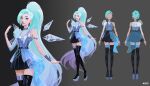  1girl aqua_hair blonde_hair blue_eyes character_request clothing_request commentary dress english_commentary english_text grey_background high_heels highres jason_chan jewelry k/da_(league_of_legends) league_of_legends looking_at_viewer simple_background tagme thigh-highs 