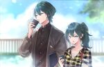  1boy 1girl 23@5 :o backpack bag bangs black_shirt blue_eyes blue_hair blue_sky blurry blurry_background breast_pocket breasts buttons byleth_(fire_emblem) byleth_eisner_(female) byleth_eisner_(male) cardigan cellphone clouds collarbone collared_shirt commentary_request contemporary cup day disposable_cup drinking earrings fire_emblem fire_emblem:_three_houses green_nails grey_cardigan hair_between_eyes height_difference holding holding_bag holding_cup holding_phone jewelry large_breasts long_hair long_sleeves looking_at_phone nail_polish open_cardigan open_clothes outdoors phone plaid plaid_shirt pocket ponytail railing shirt short_hair sidelocks sky smartphone standing stud_earrings tree upper_body yellow_shirt 