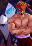  1boy closed_mouth collarbone commentary_request crossed_arms facial_hair gen_7_pokemon goatee highres luchador_mask lycanroc lycanroc_(midday) male_focus masked_royal navel nipples pants pokemon pokemon_(creature) pokemon_(game) pokemon_sm red_pants shirtless sketch smile tofu_(pixiv10770344) 
