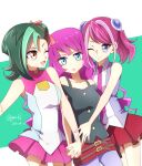  3girls closed_mouth exposed_shoulders green_hair hair_bun hiiragi_yuzu holding_hands kirishima_romin long_hair mizuki_kotori_(yuu-gi-ou_zexal) multicolored_hair open_mouth pink_hair short_twintails smile twintails yny yuu-gi-ou yuu-gi-ou_arc-v yuu-gi-ou_sevens yuu-gi-ou_zexal zettai_ryouiki 