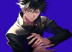  1boy bangs black_hair black_jacket blue_background buttons closed_mouth commentary_request fushiguro_megumi green_eyes hands_together hands_up jacket jujutsu_kaisen long_sleeves looking_at_viewer male_focus short_hair simple_background solo spiky_hair tenobe upper_body v-shaped_eyebrows 