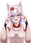  1girl absurdres adjusting_eyewear animal_ears bare_shoulders bespectacled blush breasts detached_sleeves eyebrows_visible_through_hair glasses happy hat head_tilt highres inubashiri_momiji large_breasts looking_at_viewer open_mouth pom_pom_(clothes) red_eyes risiyun short_hair silver_hair simple_background smile solo teeth tokin_hat tongue touhou upper_body white_background wolf_ears 