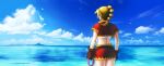  1girl blonde_hair chrono_cross clouds gloves high_ponytail himura_(him-la) jewelry kid_(chrono_cross) long_hair midriff multi-tied_hair necklace ocean ponytail skirt solo vest 