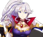  1girl blue_eyes book breasts choker earrings electricity fingerless_gloves fire_emblem fire_emblem:_genealogy_of_the_holy_war frown gloves ishtar_(fire_emblem) jewelry large_breasts long_hair magic ponytail purple_hair rem_sora410 solo white_background 