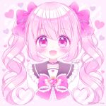  1girl :d bangs black_sailor_collar blush bow commentary_request cropped_torso diagonal_stripes eyebrows_visible_through_hair frilled_bow frilled_sailor_collar frills hair_between_eyes hair_bow heart heart_background heart_in_eye himetsuki_luna long_hair open_mouth original pink_background pink_hair purple_bow sailor_collar school_uniform serafuku shirt sidelocks signature smile solo sparkle striped striped_background symbol_in_eye twintails twitter_username upper_body white_shirt 