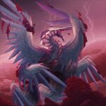  clouds creature dragon fangs fantasy fire_emblem fire_emblem_awakening flying grima_(fire_emblem) harerious highres horns lightning looking_to_the_side open_mouth painting red_clouds red_sky scales sky teeth wings 