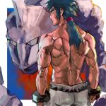  1boy black_hair bruno_(pokemon) closed_mouth commentary_request elite_four from_behind gen_1_pokemon grey_pants hair_tie long_hair male_focus muscular muscular_male onix pants pokemon pokemon_(creature) pokemon_(game) pokemon_hgss ponytail shirtless sideburns spiky_hair tied_hair tofu_(pixiv10770344) 