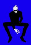  1boy blindfold blue_background commentary_request flat_color full_body gojou_satoru grin hand_in_pocket happy highres invisible_chair jacket jujutsu_kaisen long_sleeves male_focus monochrome pants sharp_teeth shoes short_hair simple_background sitting sketch smile solo spread_legs teeth tenobe 