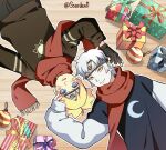  2boys blonde_hair blue_eyes boruto:_naruto_next_generations boruto:_naruto_the_movie closed_eyes commentary_request dog forehead_protector full_body grey_hair highres holding male_focus mitsuki_(naruto) multiple_boys naruto_(series) smile ssardenn uzumaki_boruto 