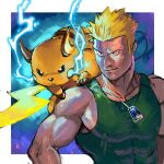  1boy bare_arms biceps black_eyes blonde_hair closed_mouth collarbone commentary_request covered_nipples dog_tags electricity gen_1_pokemon green_tank_top gym_leader looking_to_the_side male_focus muscular muscular_male on_shoulder pectorals pokemon pokemon_(creature) pokemon_(game) pokemon_hgss pokemon_on_shoulder raichu short_hair smile spiky_hair surge_(pokemon) tank_top tofu_(pixiv10770344) upper_body 