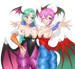  2girls :o absurdres alternate_breast_size arm_around_shoulder ass bangs black_leotard blush breast_press breasts covered_navel daniaeru demon_girl demon_wings eyebrows_visible_through_hair hand_on_own_thigh head_wings highres leotard lilith_aensland long_hair medium_breasts morrigan_aensland multiple_girls one_eye_closed open_hands parted_bangs parted_lips red_leotard short_hair siblings sisters smile symmetrical_docking vampire_(game) wings wrist_cuffs 