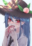  1girl bangs black_headwear blue_hair blush breasts center_frills eating eyebrows_behind_hair food frills fruit hair_between_eyes hands_up hat highres hinanawi_tenshi holding holding_food long_hair looking_at_viewer open_mouth peach red_eyes shirt short_sleeves simple_background small_breasts solo sweat swept_bangs touhou tsune_(tune) white_background white_shirt 