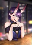  1girl bangs bare_shoulders blue_dress blush bob_cut breasts dress earrings eyeliner fate/grand_order fate_(series) hair_ornament highres horns jewelry looking_at_viewer makeup oni oni_horns pointy_ears purple_hair selarz short_eyebrows short_hair shuten_douji_(fate) skin-covered_horns small_breasts smile tongue tongue_out violet_eyes 
