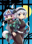  2girls belt blue_eyes blush_stickers breasts chibi colonel_aki commentary_request earrings full_moon hairband hand_on_hip happi hat japanese_clothes jewelry kimetsu_no_yaiba konpaku_youmu konpaku_youmu_(ghost) long_sleeves medium_breasts mob_cap moon mouth_hold multiple_girls night night_sky pants pink_hair red_eyes saigyouji_yuyuko silver_hair sky smile sword touhou translation_request tree weapon younger 